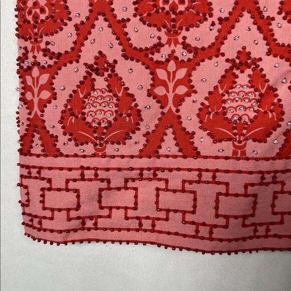 SilkLand Pink and Red Patterned Beaded Mini Skirt Silk and Linen size 10 - Picture 2 of 6